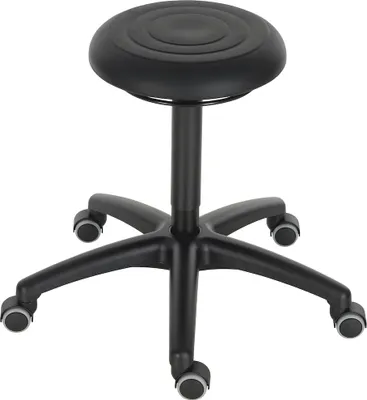 Produktbild von Drehhocker Atlanta | Sitzhöhe 44-63cm | Ø 63cm | Tragfähigkeit 110kg | Polyurethane-Soft Sitz | Kunststof-Fußkreuz mit Rollen | Ringauslösung | Schwarz
