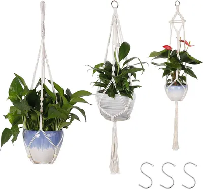 Produktbild von Pflanzenhänger Baumwollseil Hängender Pflanzkorb Weiß Blumentopf Hänger - Innen- und Außendekoration - 3er Pack mit Aufhänghaken