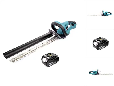 A cordless hedge trimmer and a battery are displayed against a white background.