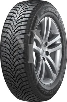 A close-up studio shot of a Hankook Winter I*Cept Rs2 tire mounted on a silver alloy wheel.