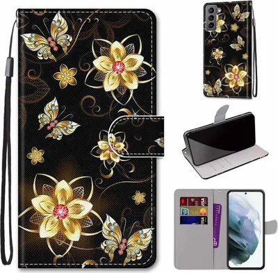 Produktbild von König Design Hülle kompatibel mit Samsung Galaxy S22 5G Kunstleder Handyhülle - Handy Case Golddiamant Schmetterling