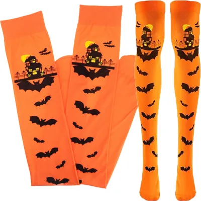 Produktbild von Kniestrümpfe, Orange, Halloween-Motiv, Mit Fledermäusen, Für Partys, 1 Paar