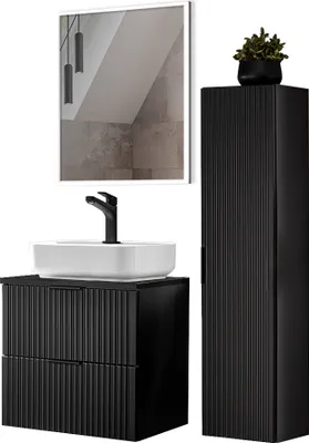 Produktbild von Badmöbel Set mit Keramik Waschbecken und LED Spiegel, matt schwarz mit gerillter Front, ADELAIDE-56-BLACK, B/H/T ca. 110/200/46,5 cm