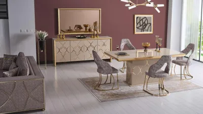Produktbild von Luxus Esszimmer Set Esstisch 4x Stühle Sideboard Spiegel Essgruppe 7 tlg