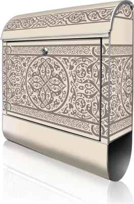 A product shot of a mailbox with intricate Celtic knot designs.