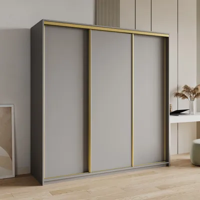 Produktbild von Masseno Schiebetürenschrank NISSE 200/205/60 cm Kleiderschrank mit Schubladen Schlafzimmer Schrank 3-türig Graphitfarben + Gold