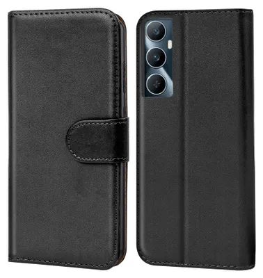 A black flip case for a smartphone is shown from the front and back.