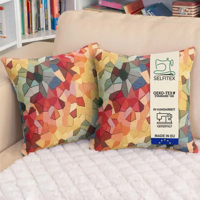 Produktbild von Selfitex 2er Set Bunte Couchkissen 40x40 cm, Sofakissen mit Füllung und Bezug, kuschelweiches Lesekissen, dekoratives Fernsehkissen, Deko- und Kopfkissen, Rückenkissen, Muster: Palma
