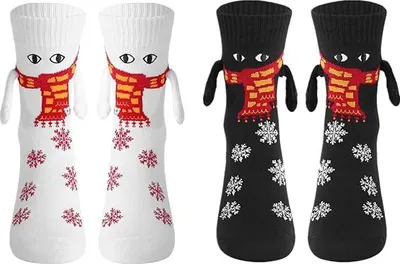 Produktbild von 2 Paar weihnachtliche magnetische Handhaltesocken, süße 3D-Augen-Paarsocken, lustige lässige Weihnachtssocken für die Familie, A