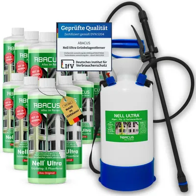 Produktbild von ABACUS® Nell Ultra Grünbelagentferner & Algenentferner Konzentrat Entfernt Grünbelag & Algen selbsttätig - 12x 1000ml mit Sprühgerät