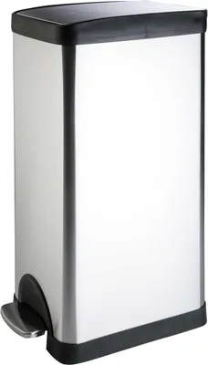 A stainless steel trash can with a black lid and pedal.