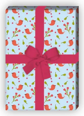 Produktbild von Frühlings Geschenkpapier mit kleinen Vögeln und Blumen, hellblau - G8289, 32 x 48cm