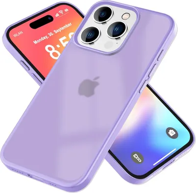 A semi-transparent purple phone case is shown diagonally, with a phone screen visible underneath.