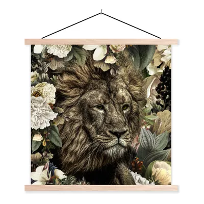 Produktbild von MuchoWow® Textilposter Löwe - Blumen - Blatt 60x60 cm mit holzfarbenen Rahmen - Wanddekoration