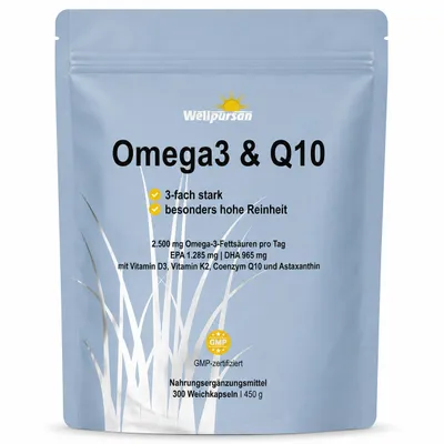 Produktbild von Wellpursan Omega3 & Q10 - 2.500 mg Omega 3, mit 1.285 mg EPA und 965 mg DHA