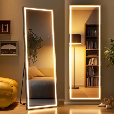 Produktbild von Ganzkörperspiegel mit LED-Beleuchtung 140x40cm, 3 Lichtfarben, Dimmbar, Schwarz