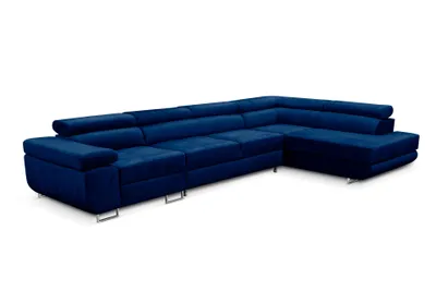 A dark blue sectional sofa with a chaise lounge on a white background.