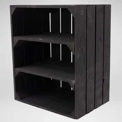 Produktbild von Schwarze Kiste mit 2 schwarzen Mittelbrettern quer 50cm x 40cm x 30cm Holzregal Schuhregal black Obstkisten Weinkisten Balkon Regal groß Vintage