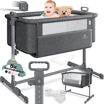 Produktbild von KESSER® Zustellbett Hubi 3in1 Baby Beistellbett Reisebett Babybett mit weich Matratze, mit Rollen Kinderbett, 5-fach Höhenverstellung, Faltbare Seitenwand für zu Hause und unterwegs
