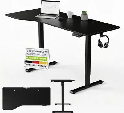 A black adjustable standing desk with a laptop, mug, and plant on it. There are also separate images of desk components and a smaller desk.