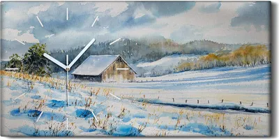Produktbild von Wanduhr Leinwand Bild Uhr Quarz 60x30 Altes Scheunenhaus Aquarell Landschaft - weiße Hände