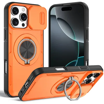 Image de Coque magnétique pour iPhone 16 Pro, coque de protection militaire résistante aux chocs avec protection pour l'appareil photo et anneau de fixation/support, orange