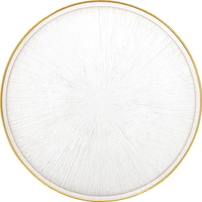 A top-down view of a round, transparent glass plate with a textured surface and a thin gold rim.