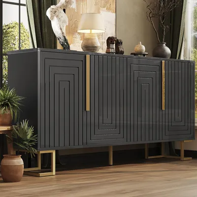 Image de MODFU Buffet de Salle à Manger avec 4 Tiroirs et 2 Portes - Meuble de Rangement Pratique pour Salon - MDF - 152 x 40 x 75 cm - Noir