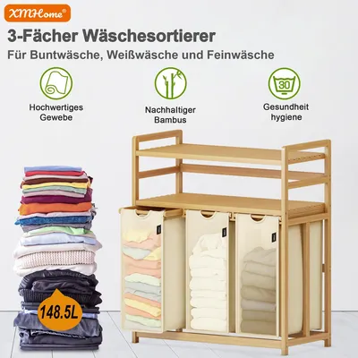 Imagen del producto de Recogedor de ropa con 3 compartimentos, 148 litros, de bambú, rectangular, para baño