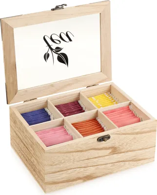 Produktbild von COM-FOUR® Rustikale Teebeutel Aufbewahrungsbox - Teebox mit 6 Fächern, Sichtfenster und Verschluss - Teekiste im Landhausstil - shabby chic Teeaufbewahrung - Teebeutelbox