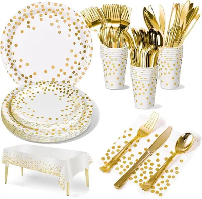 Image de 141 pièces d'or blanc Set de vaisselle de fête pour anniversaire, mariage, jubilé