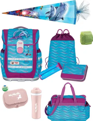 Produktbild von McNeill Schulranzen Mädchen 1. Klasse 10-tlg. Set Ergo Complete FINNY mit Sporttasche und Delfine Schultüte 85cm