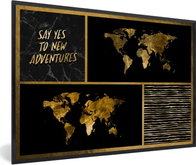 Produktbild von MuchoWow® Gerahmtes Poster Weltkarte - Collage - Sprichwörter - Gold 90x60 cm - Poster mit Schwarzem Bilderrahmen Wandposter Rahmen Foto Bilder - Fotorahmen - Foto-Plakat