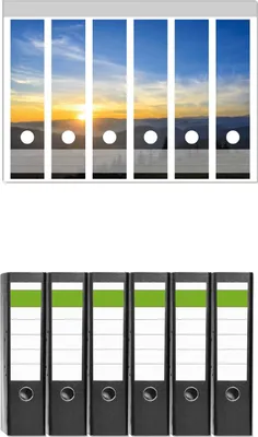 Produktbild von Wallario 6 Stück breite Ordner inkl. Klebeetiketten mit Motive Sonnenaufgang über dem Schwarzwald -  Set mit Rückenschildern / Ordnerrücken Stickern