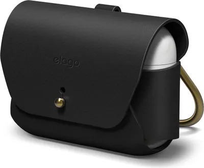 A black leather case for AirPods Pro with a gold clasp and carabiner, showing a white AirPods Pro charging case inside.