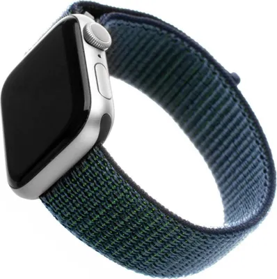 Close-up of an Apple Watch with a dark blue and green nylon band.