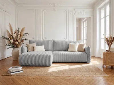 Productafbeelding van Hoekbank slaapbank MAILAND, bekleed met stof Tilia, grijs, met een chaise longue aan de linkerkant