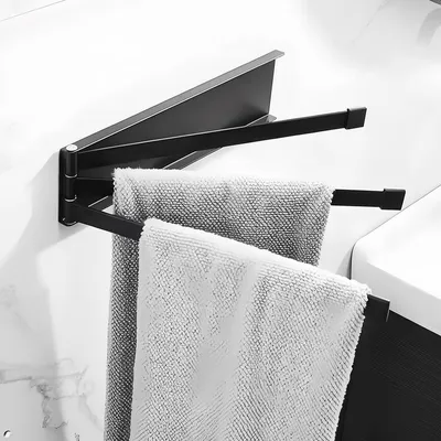 Image de Porte-serviettes pivotant à 180° sans perçage, fixation murale, porte-serviettes de salle de bain à 3 bras, porte-serviettes mural en acier inoxydable, barre pivotante, porte-serviettes noir pour salle de bain et cuisine