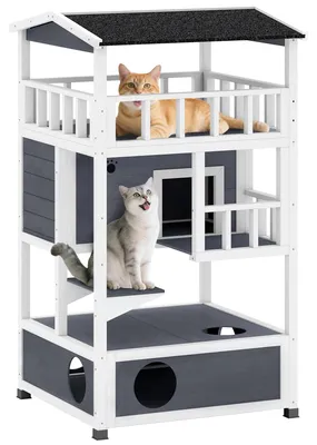 Obrázok produktu pre Katzenvilla – vonkajšia mačací domček z jedľového dreva – 4 poschodia – viacposchodová mačací búdka – do záhrady – sivá