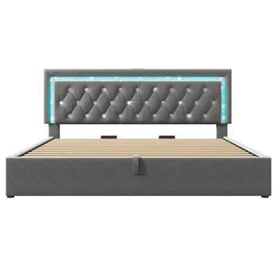Produktbild von Flieks Polsterbett 180x200cm mit USB & Type C, Hydraulisches Bett mit Stauraum, Doppelbett Jugendbett mit LED, Stauraumbett Samt, Grau