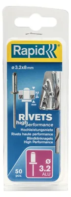Zdjęcie produktu dla Rapid Tools 5000383 Uniwersalne nity zrywalne Rapid, 3,2 x 8 mm, aluminiowe
