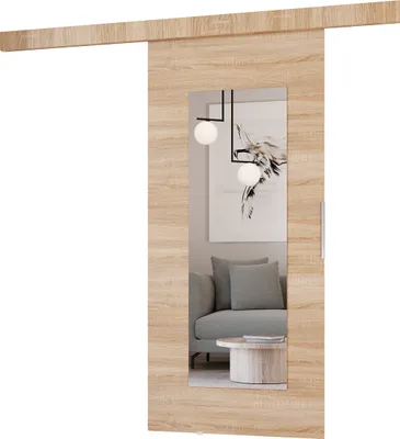 A sliding door with a mirror, reflecting a living room scene.