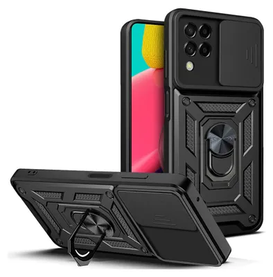 A black phone case with a ring stand and camera cover is shown from multiple angles.