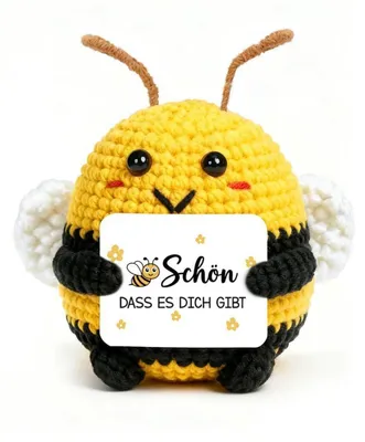 Produktbild von Gestrickte Biene Glücksbringer mit Karte "Schön Dass Es Dich Gibt" aus Wolle und Baumwolle