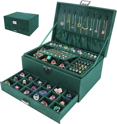 Image de Boîte à bijoux grande capacité, 3 couches, avec tiroir, verrouillable, velours, boîte à bijoux, organisateur pour bagues, boucles d'oreilles, colliers, bracelets
