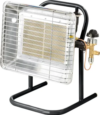 A gas heater on a black stand against a white background.