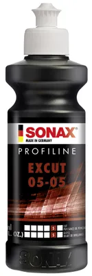 A black bottle of Sonax Profiline Excut 05-05 polishing compound against a white background.