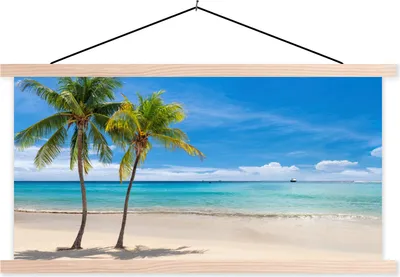 Produktbild von MuchoWow® Textilposter Strand - Boot - Meer 60x30 cm mit holzfarbenen Rahmen - Dekoration