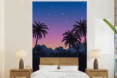 Produktbild von MuchoWow® Fototapete für Wohnzimmer oder Schlafzimmer Wandtapete Vinyl Motivtapete Palme - Berg - Nacht - 155x240 cm - Tapete
