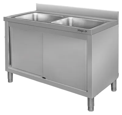Zdjęcie produktu dla Zlewozmywak gastronomiczny ze stali nierdzewnej Mega-M 2-komorowy przyścienny z szafką 100x60x85cm